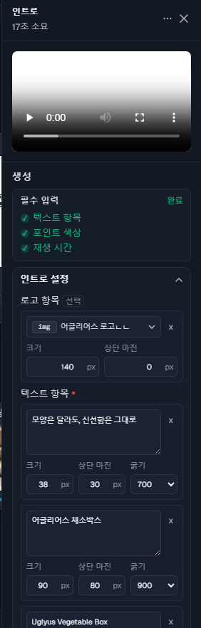 Intro 템플릿 우측 편집 패널 캡처